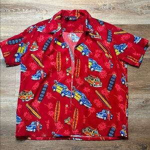 Red Vintage Car Print Casual Button Down Shirt